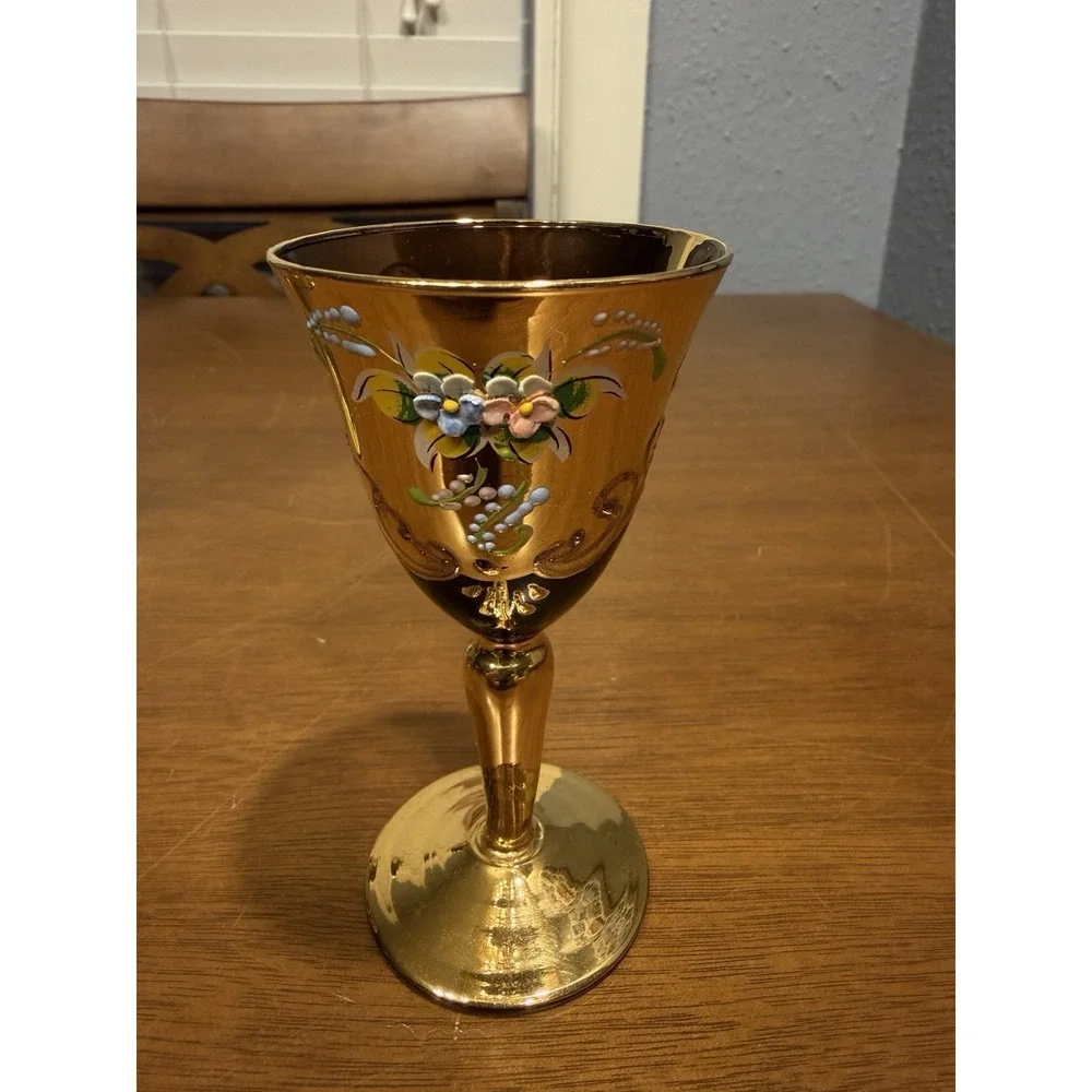 Lot Of 5 Vintage Handmade Murano Multi Color Gold Tre Fuochi Cordial Glasses
